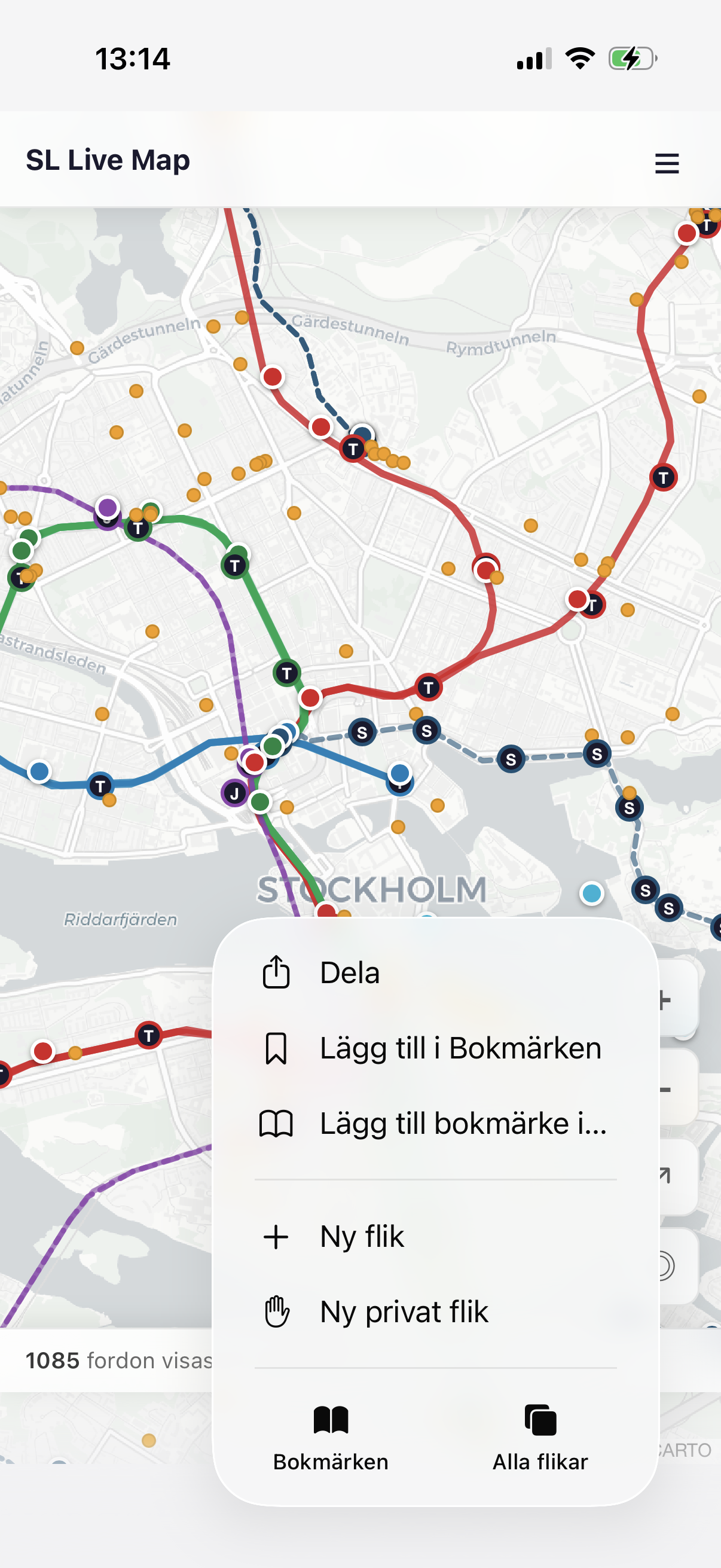 Pop-up-meny med Dela-alternativet synligt