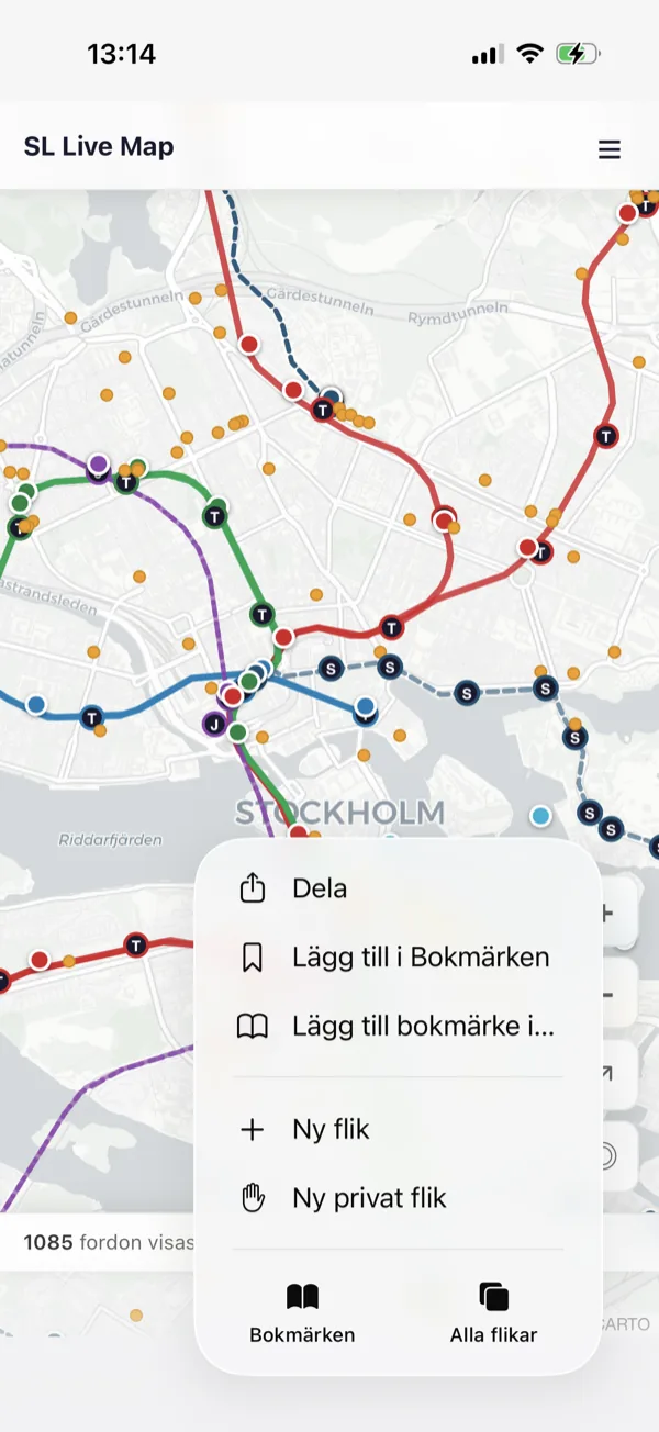 Pop-up-meny med Dela-alternativet synligt