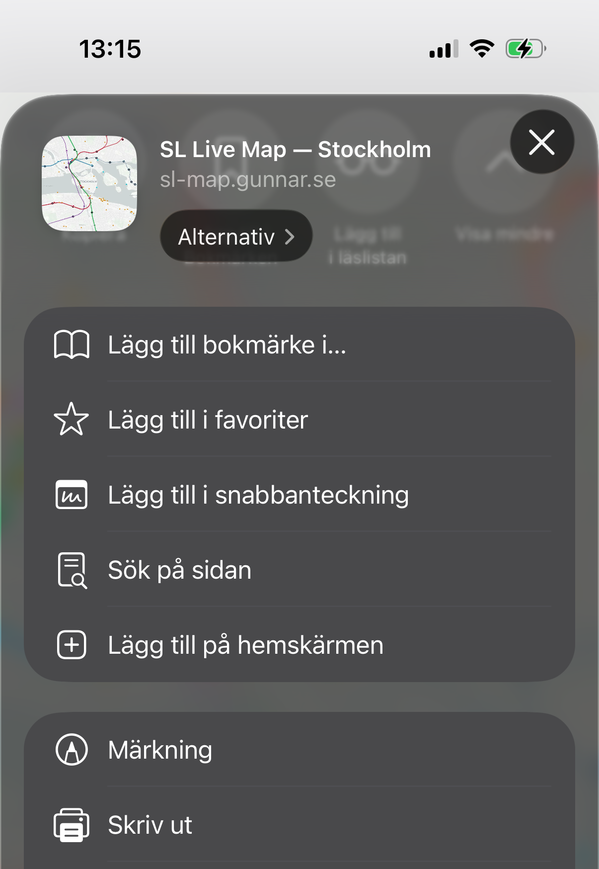 Dela-arket med 'Lägg till på hemskärmen' synlig