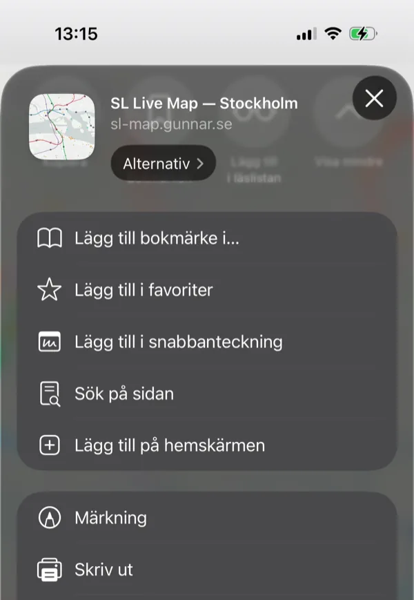 Dela-arket med 'Lägg till på hemskärmen' synlig