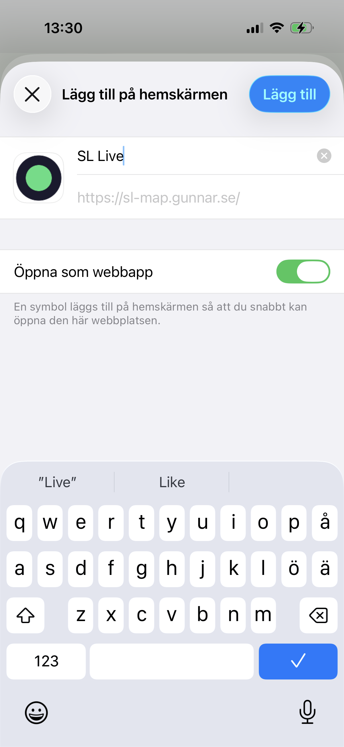 Dialogen med 'Öppna som webbapp' toggle och Lägg till-knapp