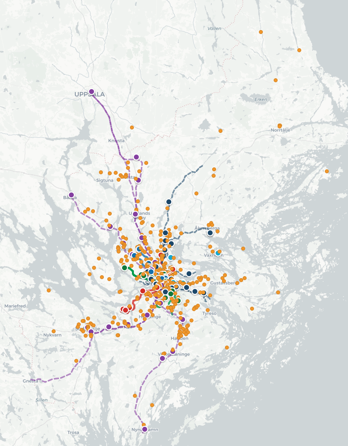 SL Live Map i ljust läge, utzoomad med bussar synliga över hela Stockholmsområdet