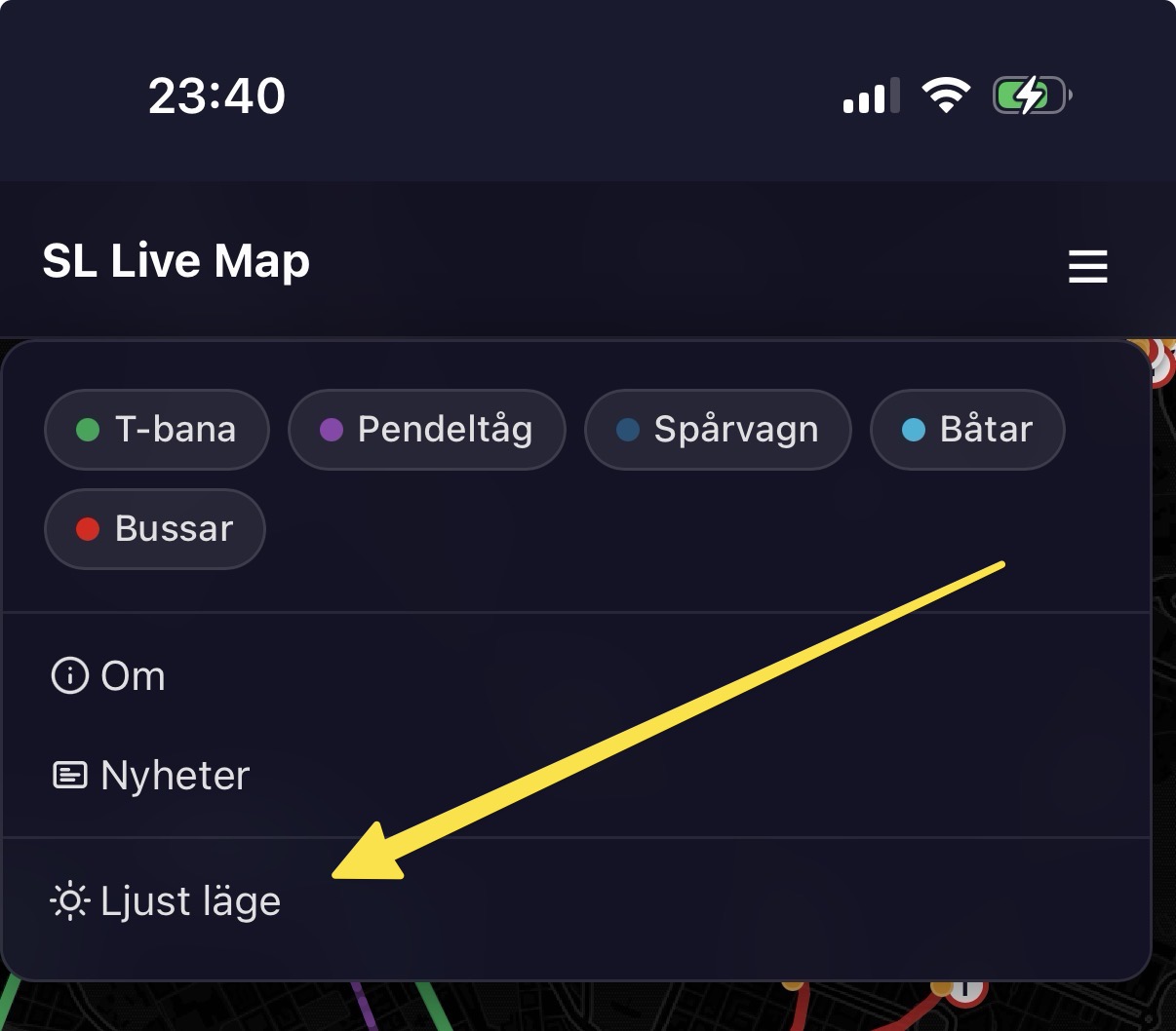 Närbild av hamburgarmenyn med alternativet Ljust läge markerat