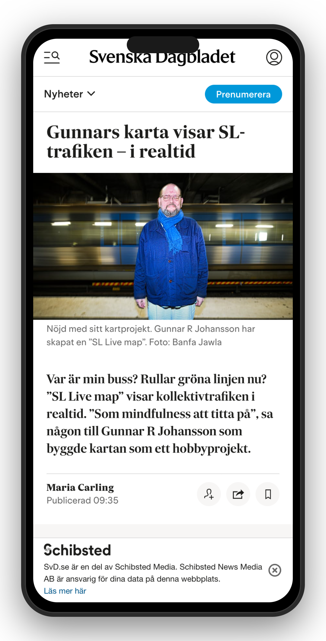 Skärmdump från Svenska Dagbladets artikel om SL Live Map